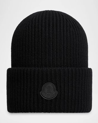 Moncler Men & apos;s Wool Ribbed Tonal Logo Beanie Hat