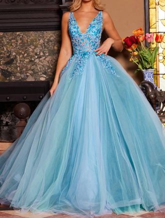 Jovani Floral Embroidered Bodice Ball Gown In Blue/multi