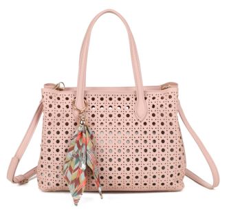 Generic Perforated Tote Bag, Laser Cut Design with Scarf Charm, Shoulder Handbag with Crossbody Strap (Pink)