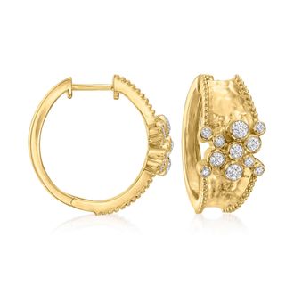 Ross-Simons Diamond Cluster Hammered Hoop Earrings in 18kt Gold Over Sterling