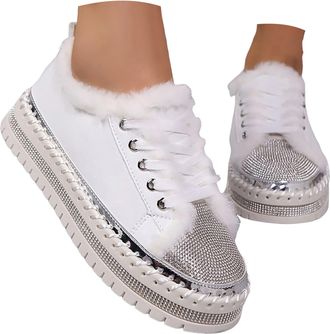 Generic Rhinestone Sneakers for Women Plush Lined Warm Platform Walking Shoes Casual Round Toe Non Slip Lace up Fuzzy Sneakers Wedding Bridal Party Sparkly Gl