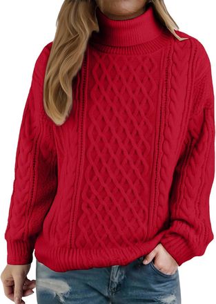 Generic Polo Neck Jumpers for Women UK Winter Warm Cable Knit Roll Neck Jumpers Turtleneck Knitted Jumper Holiday Pullover Sweaters Comfy Soft Crochet Sweater