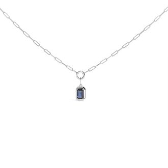 House of Brilliance 10K White Gold Emerald Cut 6x4 MM Blue Sapphire Solitaire Pendant Necklace - 18 inch