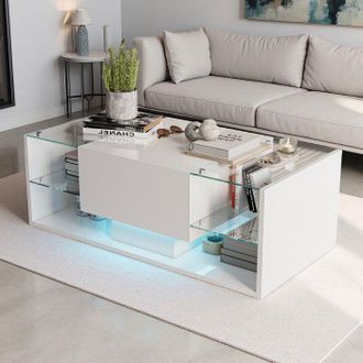 OEM Mesa Baja Blanca 100x50x35 Cm - Vidrio Templado, Caj&oacute;n Y Led Integrados, Estilo Escandinavo