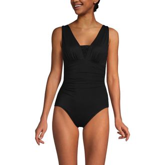 Lands End D-Cup Slender Grecian Tummy Control Chlorine Resistant One Piece Swimsuit in Black at Nordstrom, Size 16