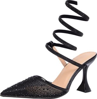 Generic High Heels Sandals for Women Diamante Mesh Wedding Shoes Stiletto Heel 8.5CM Wrapped Ankle Strap Party Dress Heel (Black,4.5)