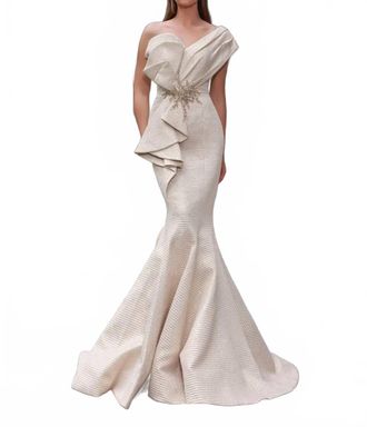 Terani Couture One-Shoulder 3D Ruffle Front Jacquard Mermaid Gown In Champagne