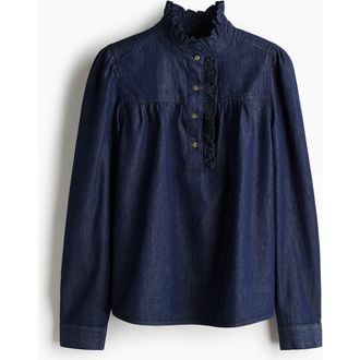 H&M Frill-collared Denim Blouse in Dark Denim Blue at Nordstrom, Size X-Small