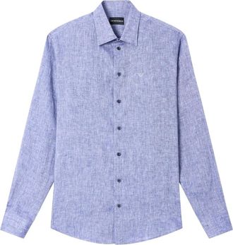 Emporio Armani Gestreepte linnenmix canvas overhemd - Heren - Casual Overhemden - Blauw - L - Linnen - Overhemden