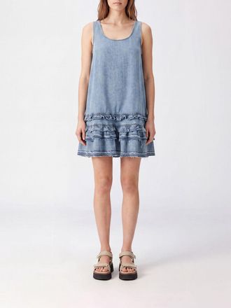 Ganni Mini abito in denim con spalle scoperte e applicazione di rouches
