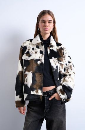 Topshop Cow Print Faux Fur Western Trucker Jacket in Black at Nordstrom, Size X-Small