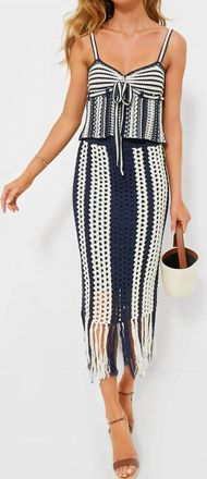Moon River Stripe Fringe Crochet Midi Skirt In Navy/ivory
