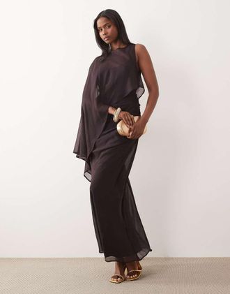 Asos Vestito lungo monospalla asimmetrico color cioccolato scuro con maniche a pipistrello e drappeggio-Multi