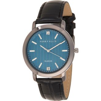 Perry Ellis Gunmetal Stripe Dial Diamond Accent Leather Strap Watch, 41mm at Nordstrom Rack