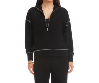 Karen Kane Half-Zip Contrast Stitch Pullover Top In Black