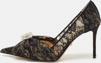 Mach & Mach Black Lace Draped Double Heart Pumps
