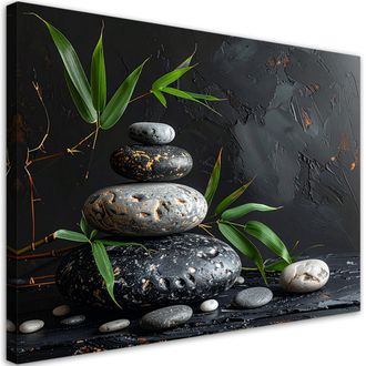 Feeby Cuadro Sobre Lienzo, Piedras Zen Spa Hojas De Bamb&uacute; Negras, 120x80