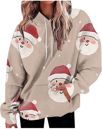 Generic KUIH Christmas Hoodie Women Oversized Xmas Sweatshirts Hooded Top Snowman Christmas Tree Santa Claus Print Jumper Loose Sweater Top Holiday Long Sleev