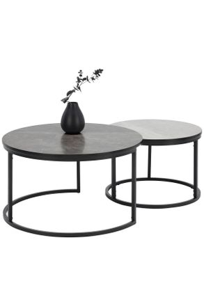 home24 Couchtischset, Hellgrau, Dunkelgrau, Metall, Holzwerkstoff, 2-teilig, rund, rund, 60-80x42-45x60-80 cm, Wohnzimmer, Wohnzimmertische, Couchtische, Cou