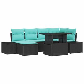 vidaXL Conjunto De Sof&aacute; De Jard&iacute;n 7 Uds. Negro Y Azul Rat&aacute;n Sint&eacute;tico Vidaxl