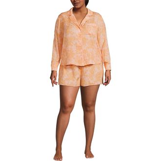 Lands End Plus Size Matte Satin 2 Piece Pajama Set - Long Sleeve Top and Shorts in Orange Mist Romantic Floral at Nordstrom, Size 1 X