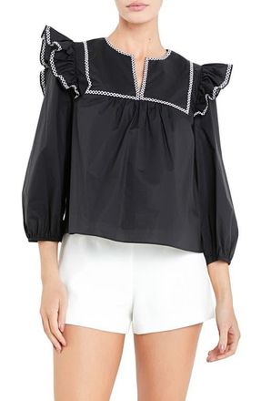 English Factory Embroidered Ruffle Balloon Sleeve Cotton Top in Black/White at Nordstrom, Size X-Small