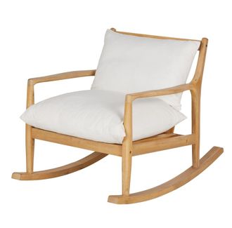 Maisons du monde Mecedora de madera de acacia, cojines de algod&oacute;n y lino color crudo