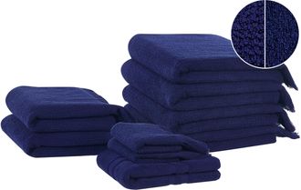 Beliani Beliani - Conjunto De 9 Toallas De Algod&oacute;n Azul Marino Rizo Textura Borlas Ba&ntilde;o Atiu