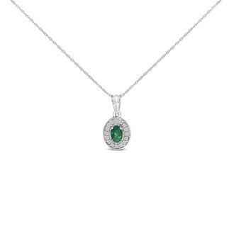 House of Brilliance 14K White Gold Oval 6x4 MM Green Emerald and Diamond Halo Pendant Necklace - 18 inch