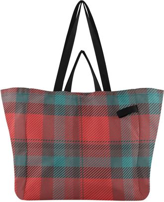 Generic Plaid Red print Reusable Canvas Tote Bag, Heavy Duty Grocery Shopping Bag with Double Handles Hard Bottom Large Capacity Work Groceries Travel
