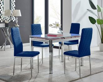 Furniturebox Enna White Glass Extending 4-6 Seater Dining Table & 4 Milan Soft Velvet Chairs in Navy