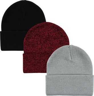 Hudson Baby Knitted Fold-Over Beanies in Heather Red Black at Nordstrom