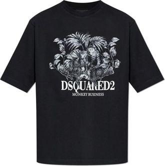 Dsquared2 Loose Fit Monkey Business Print Katoenen Jersey T-Shirt - Heren - T-shirts - Zwart - M - Katoen - Tops