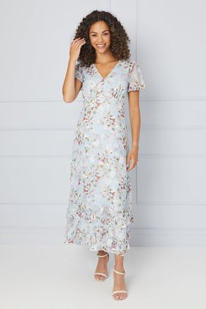 Wallis Womens Floral Satin Ruffle Hem Midaxi Dress - Blue - Size 20 UK