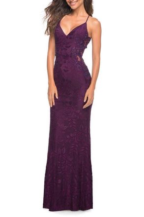 La Femme Lace Prom Dress with Illusion Embellished Sides in Dark Berry at Nordstrom, Size 10