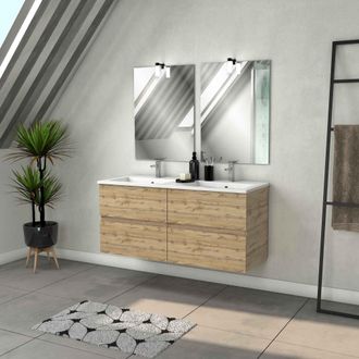 Aurlane Aurlane - Mueble De Ba&ntilde;o 120cm 4 Cajones Aspecto Roble Natural + Lavabo Blanco Y Espejos Con Apliques Led