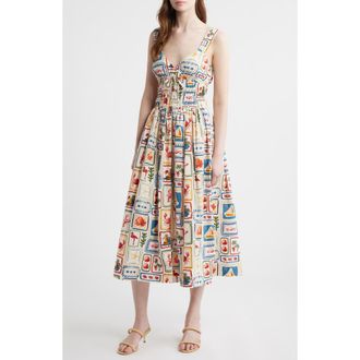 Moon River Postcard Print Cotton Midi Dress in Beige Multi at Nordstrom, Size X-Large