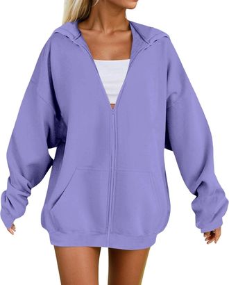 Generic Hoodies For Women UK Winter Jackets Oversized Hoodie Zip Up Longline Sweatshirts Casual Loose Long Sleeve Crewneck Pullover Comfy Fall Cloth Fashion L