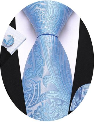 Barry.Wang Mens Paisley Tie Baby Blue Silk Necktie Pocket Square Cufflinks Set Wedding Party