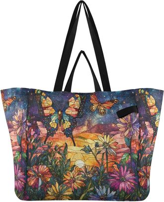 Generic Flower Butterfly Orange pattern Reusable Canvas Tote Bag, Heavy Duty Grocery Shopping Bag with Hard Bottom Large Capacity Double Handles Work Grocerie