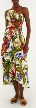 Farm Rio Florart Strapless High Low Cotton Dress in Sand at Nordstrom, Size X-Small