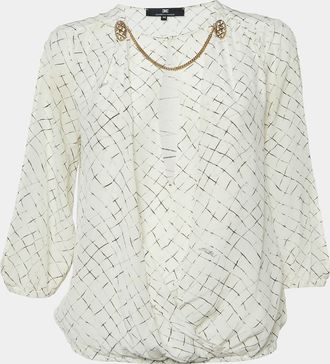 Elisabetta Franchi White Checks Print Silk Brooches Detail Top