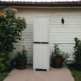 Dmora Armario Multiusos Para Uso Exterior O Interior, Armario De 1 Puerta Y 3 Estantes De Polipropileno, 100% Made In Italy, 50x39h172 Cm, Color Gris Claro 