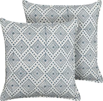 Beliani Beliani - Conjunto De 2 Cojines De Algod&oacute;n Azul Oscuro Blanco 45 X 45 Cm Oriental Cordata