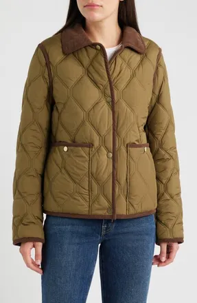 Bernardo Corduroy Trim Quilted Barn Jacket in Military Olive at Nordstrom, Size Xx-Large