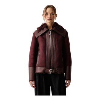 Patrizia Pepe Bikerjack met pluizige details - Dames - Jassen - Bruin - Maat: XS Poliester