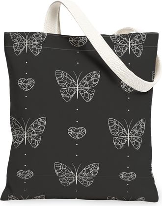 Generic Elegant Black Butterfly Canvas Tote Bags, Stylish Nature Pattern Reusable Grocery Bags, Lightweight Washable Shoulder Strap, Black, 13x15 Inch