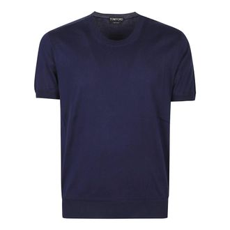 Tom Ford Round-neck Knitwear, male, Blue, Size: XL Short-Sleeve Crewneck Sweater
