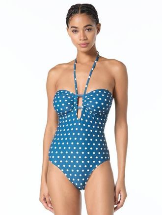 Michael Kors Classic Dot Bandeau One-Piece Swimsuit in River Blue at Nordstrom, Size 10