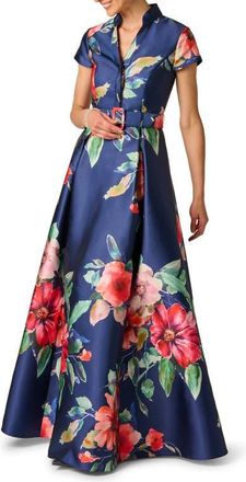 Adrianna Papell Floral Belted Mikado Gown in Navy Multi at Nordstrom, Size 6